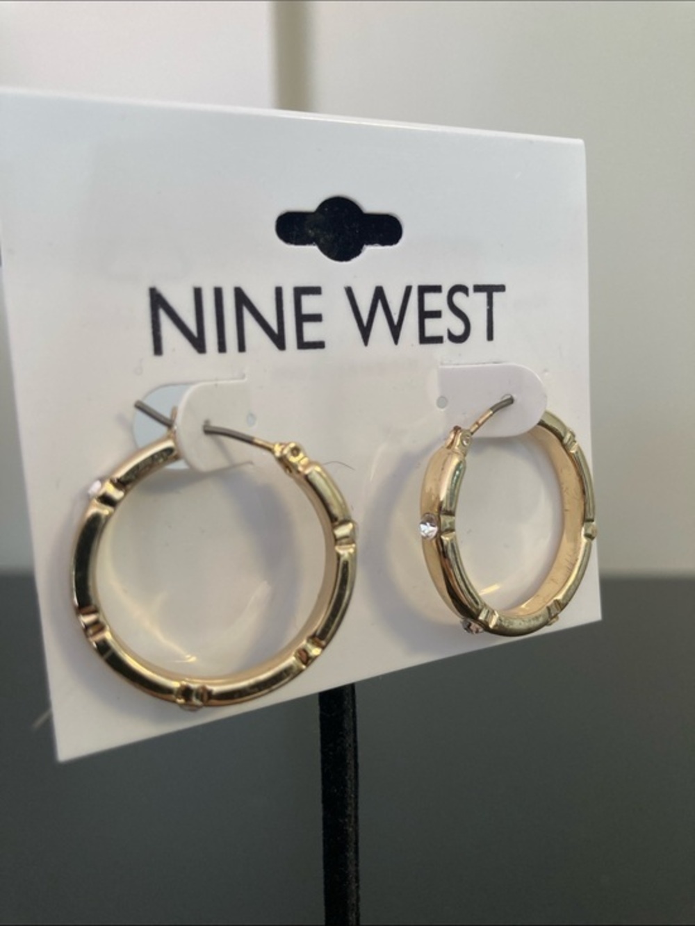 Nine West Gold-Tone Textured Hoop Earrings with Clear Accents - Gold